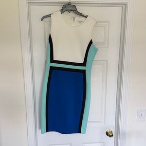 Calvin Klein White, Aqua & Blue Colorblock Midi Dress